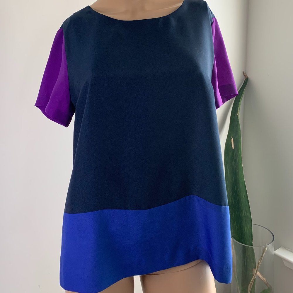 J. Crew Color Block Purple & Blue Short Sleeve Blouse Womens Size S